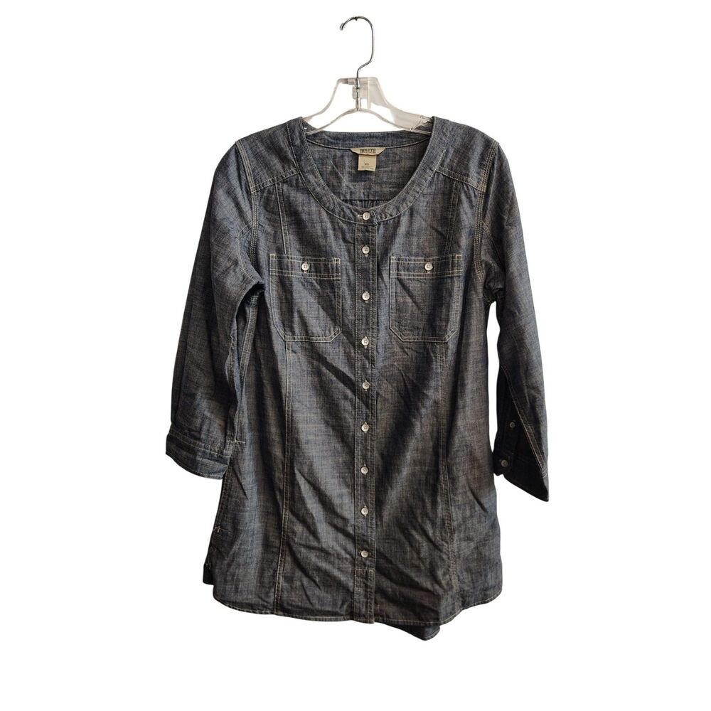 Duluth Women's XS Blue Gray Button Up Button Pockets Long Sleeve Denim Shirt‎